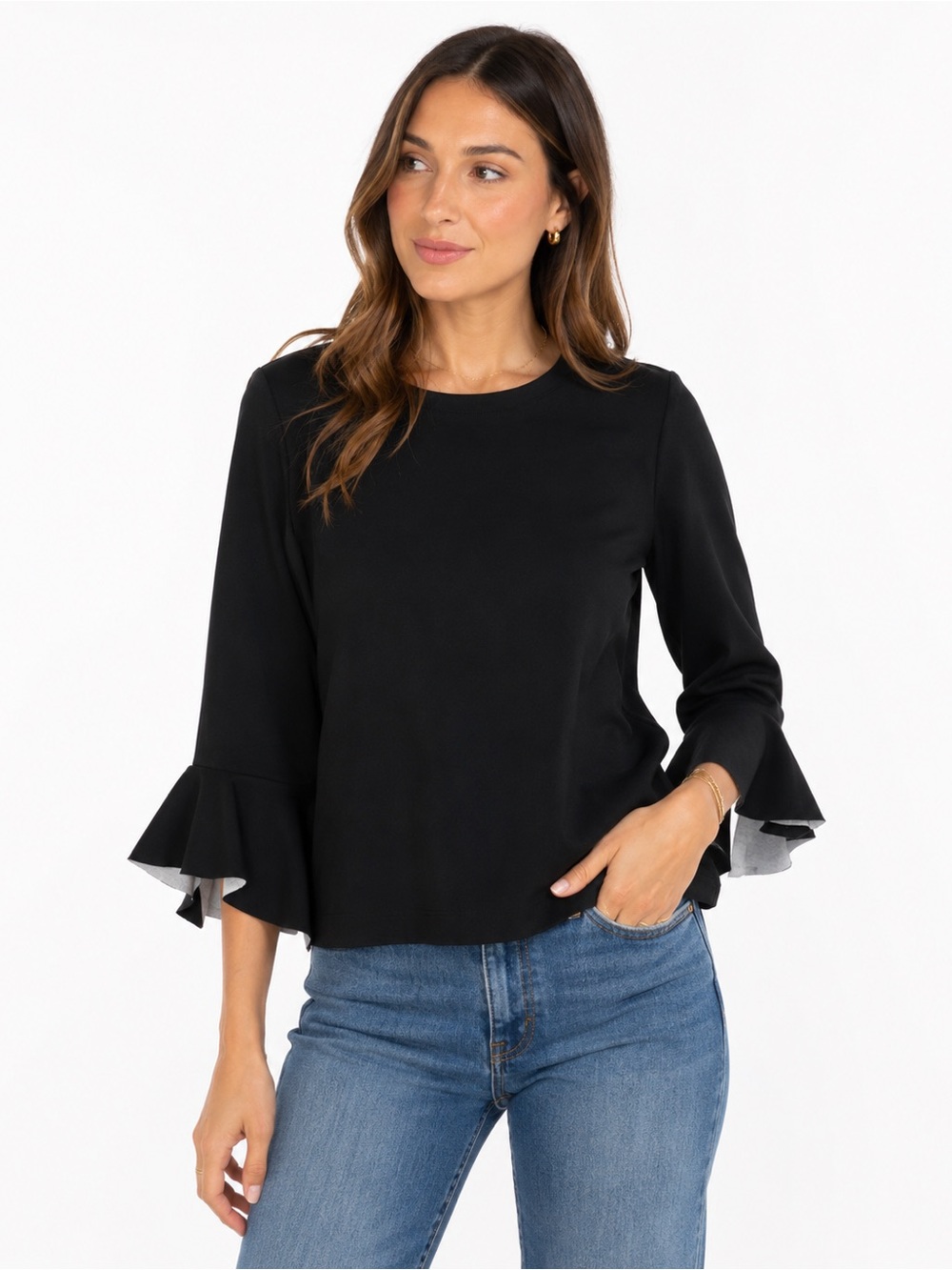 Misook XL Black Knit Ruffle Sleeve Top Career Office Stretch Sweater